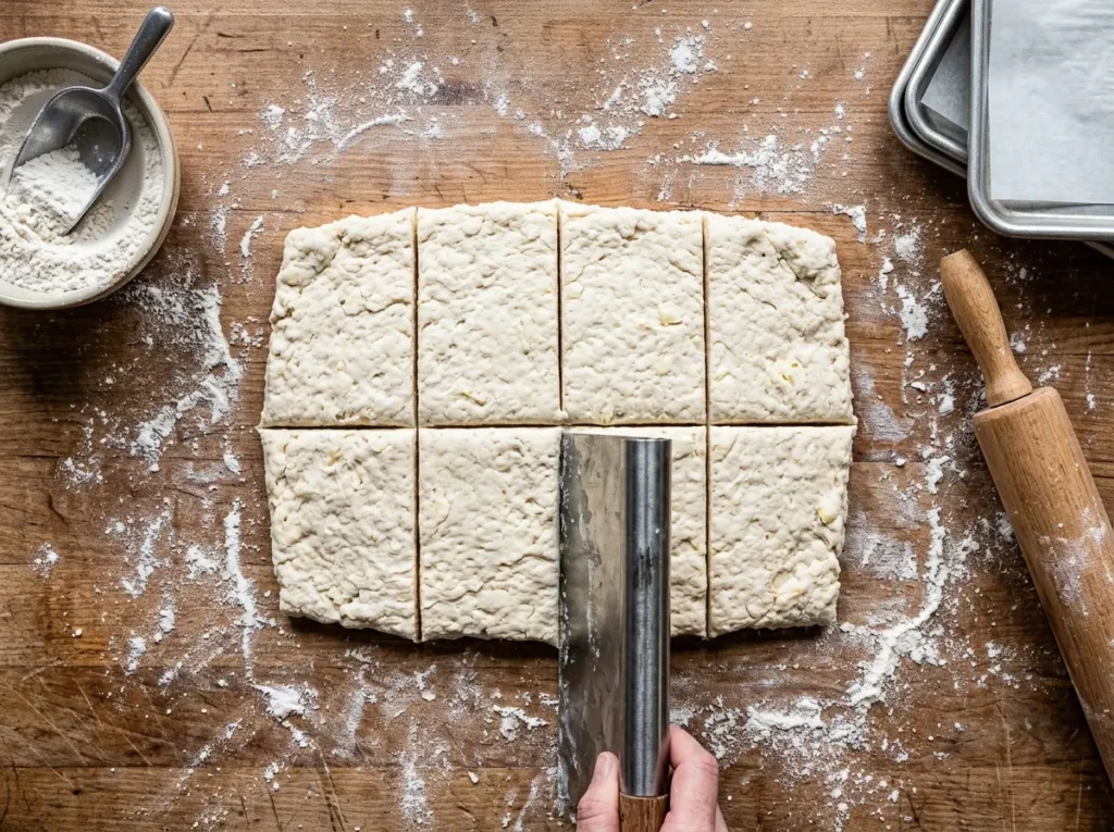 Cutting homemade biscuit dough into square shapes on a floured surface