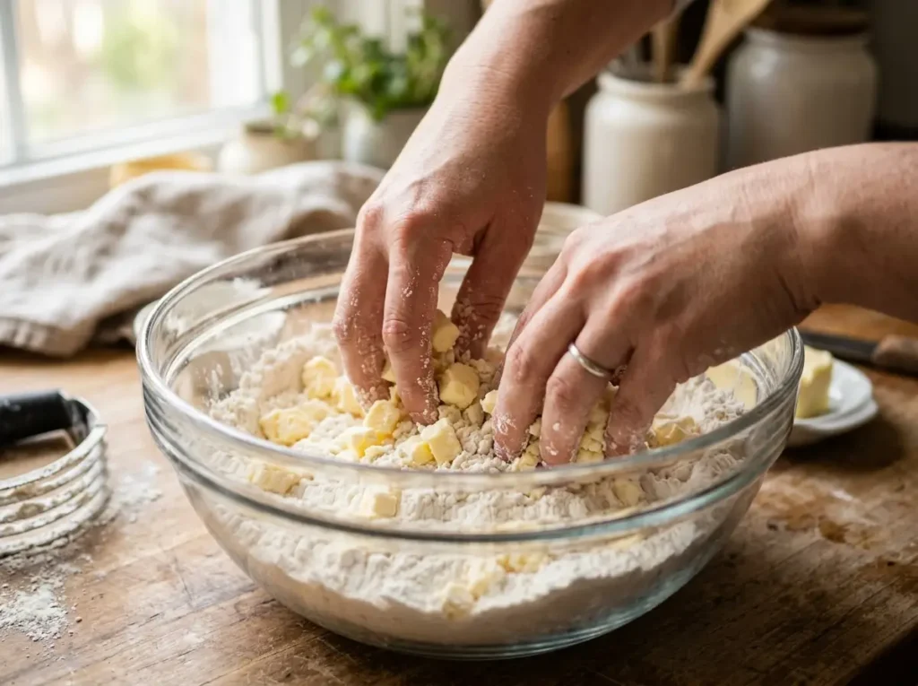 Mixing cold butter into flour to create a flaky biscuit dough texture