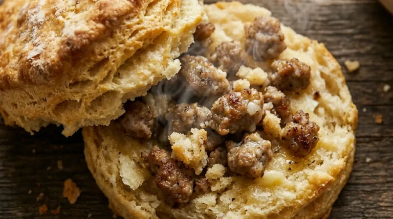 Ultimate homemade flaky sausage biscuit split in half on a rustic table