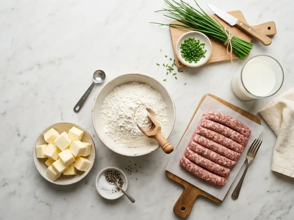 Fresh ingredients for sausage biscuits including flour, butter, and breakfast sausage