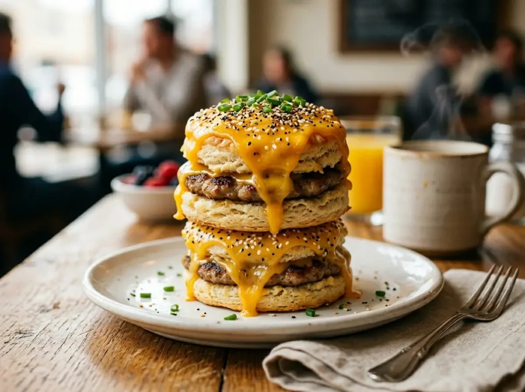 Golden brown cheesy sausage biscuits served on a white plate with chives