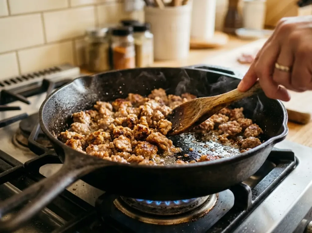 Browning breakfast sausage crumbles in a cast iron skillet