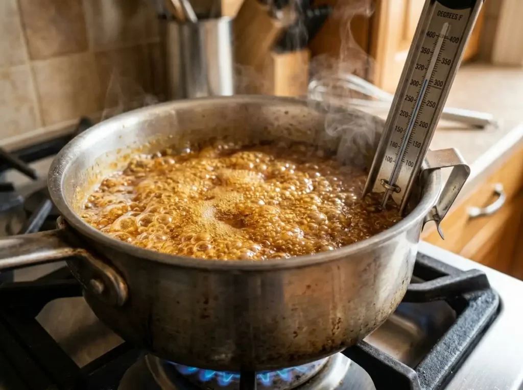 Homemade toffee cooking in saucepan with candy thermometer showing hard crack stage at 300 degrees