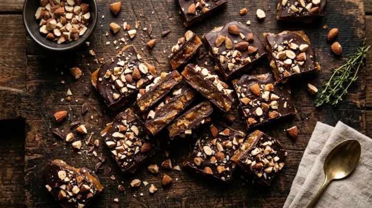 Homemade toffee recipe pieces covered in dark chocolate and almonds on rustic wooden surface