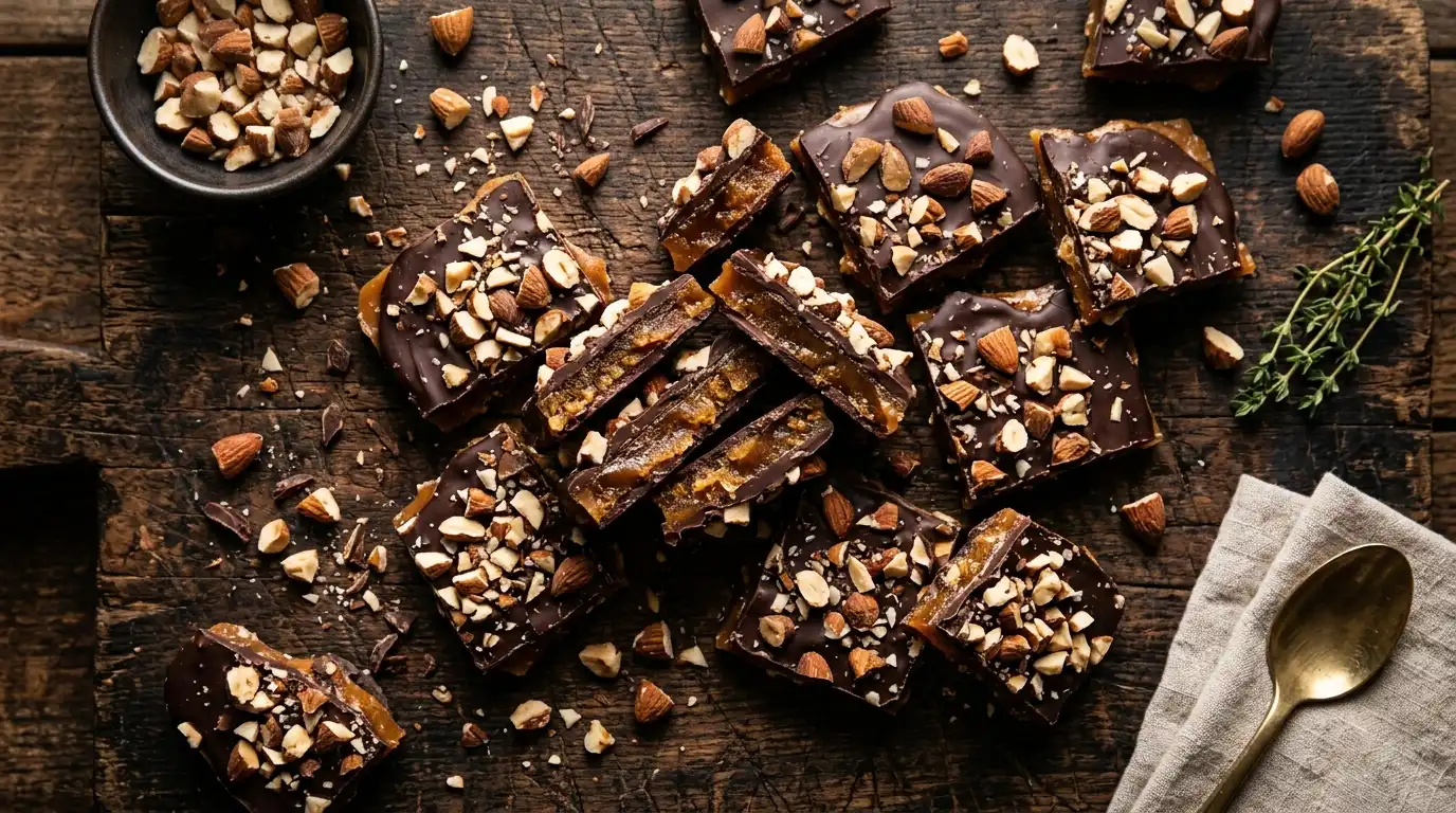 Homemade toffee recipe pieces covered in dark chocolate and almonds on rustic wooden surface