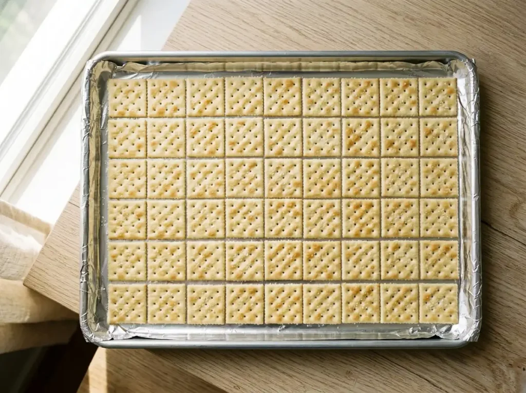 Saltine crackers arranged in single layer on baking sheet for saltine cracker toffee crack candy recipe