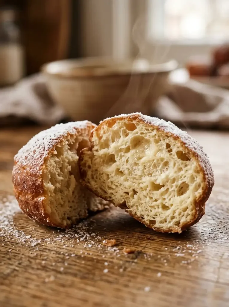 A homemade Timbit cut in half showing its light and fluffy interior crumb , timbits