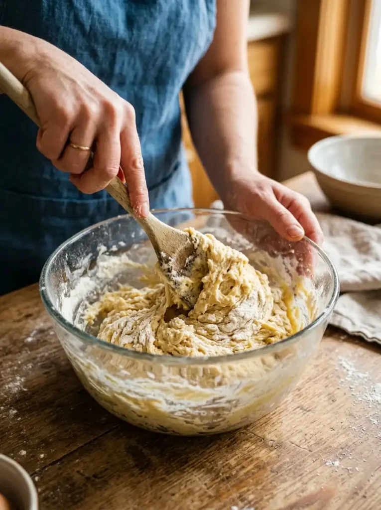 Soft Timbits dough being mixed just until combined in a glass bowl, timbits