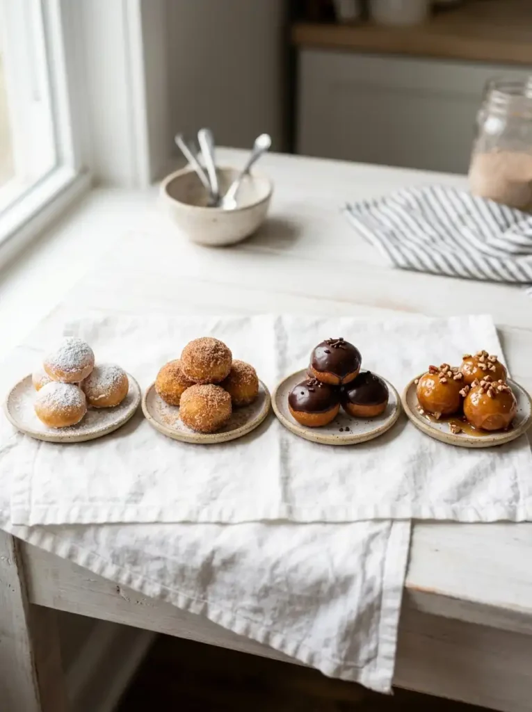 Four ways to finish homemade Timbits: powdered sugar, cinnamon sugar, chocolate glaze, and maple glaze, timbits