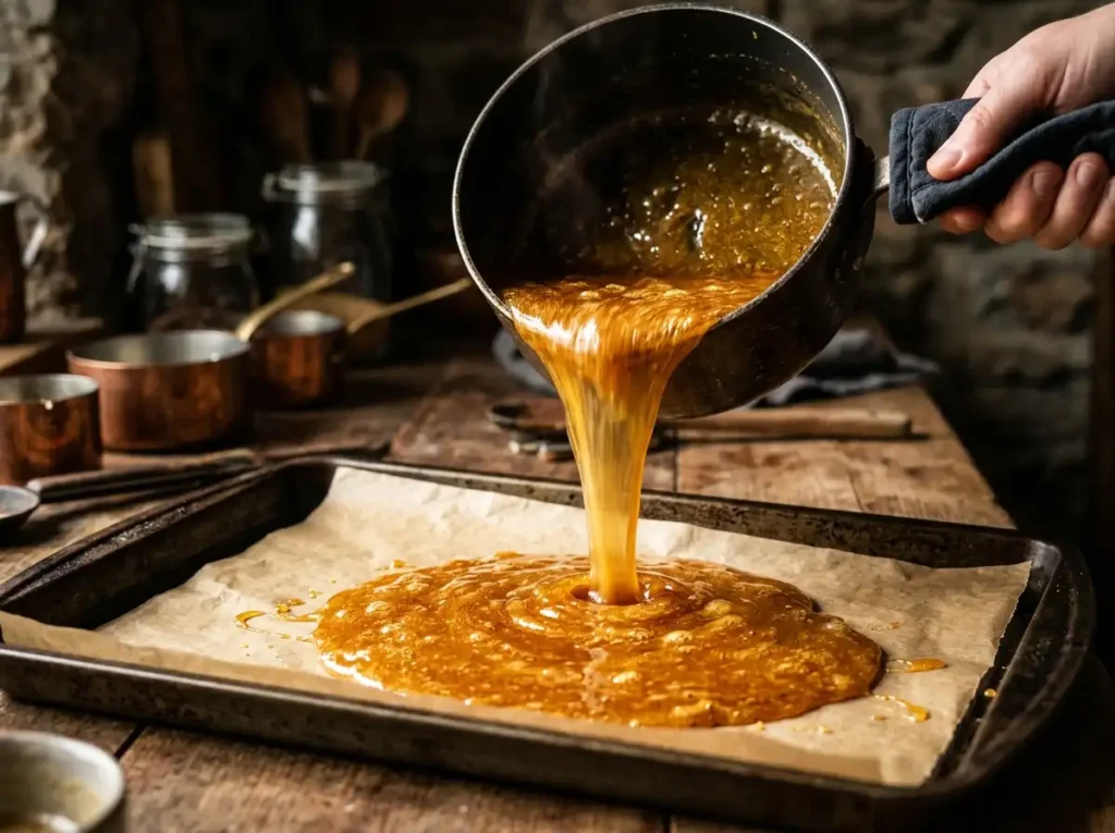 Pouring homemade toffee onto parchment lined baking sheet to set and cool