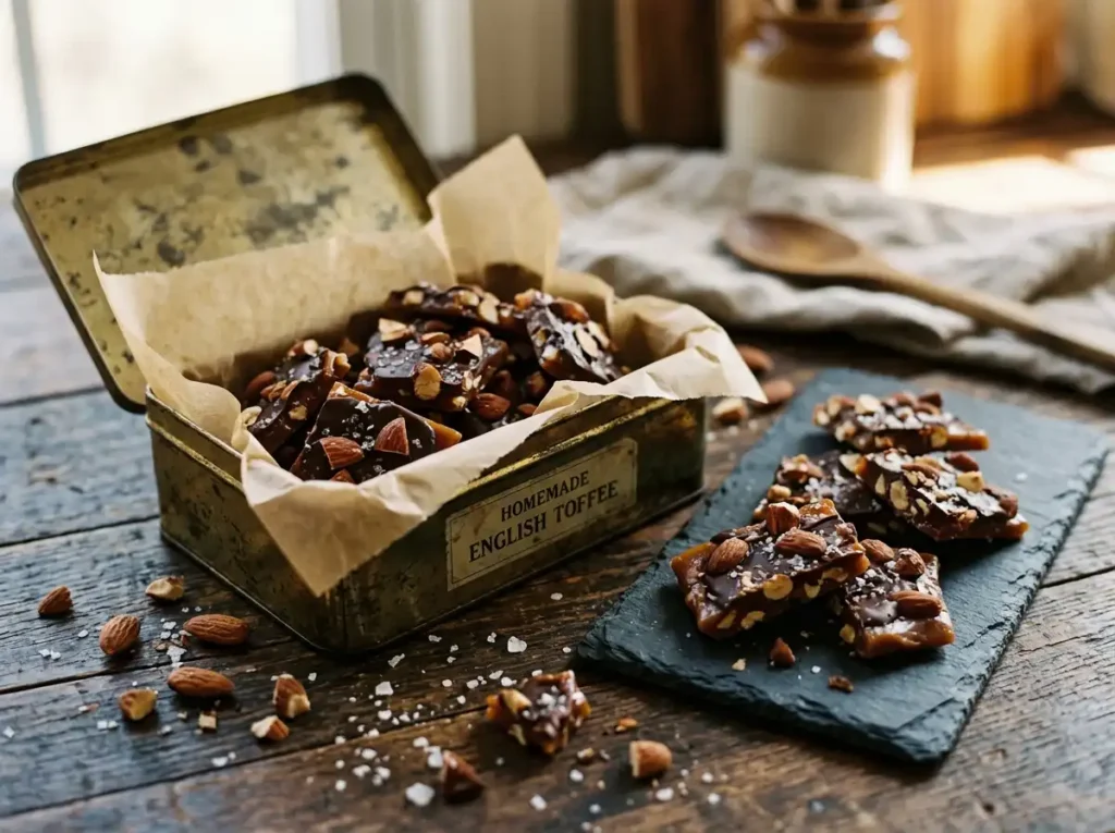 Homemade toffee pieces arranged in vintage tin as holiday gift with almonds and sea salt on dark slate