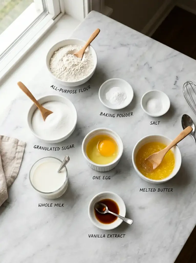 All the ingredients needed to make homemade Timbits measured into small bowls on a marble counter ,timbits
