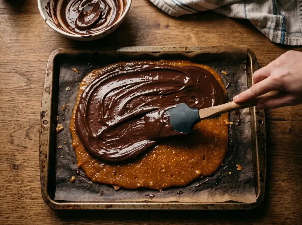 Spreading melted dark chocolate over homemade toffee layer on baking sheet