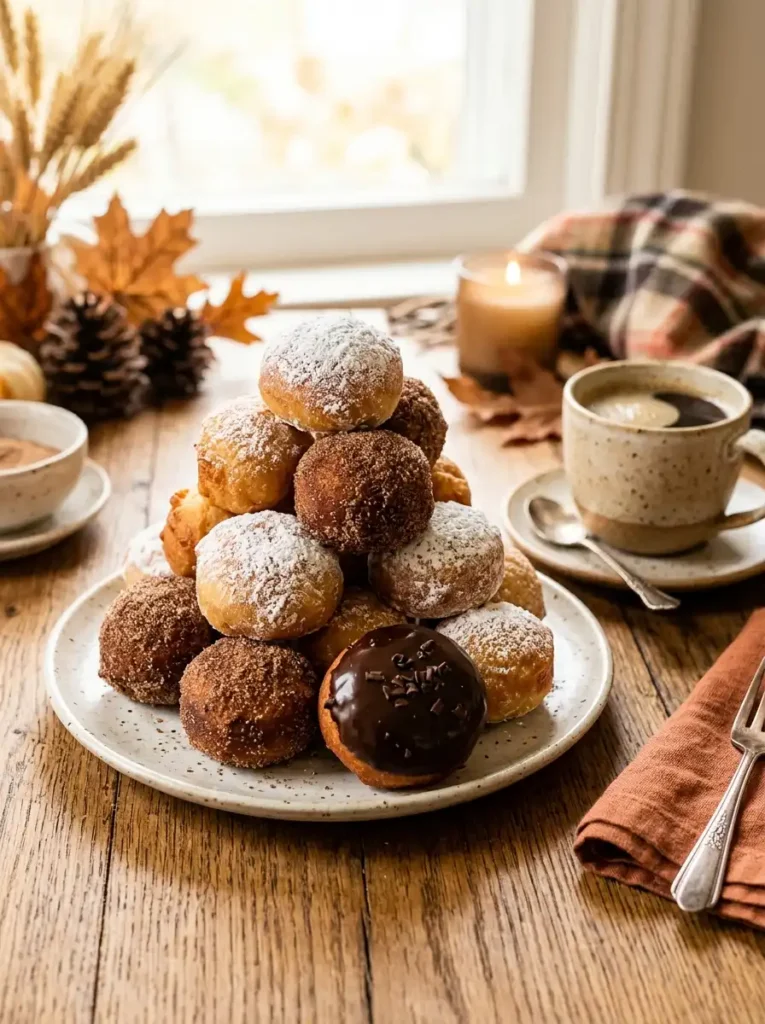 Three kinds of homemade Timbits stacked on a plate — powdered sugar, cinnamon sugar, and chocolate glazed , timbits