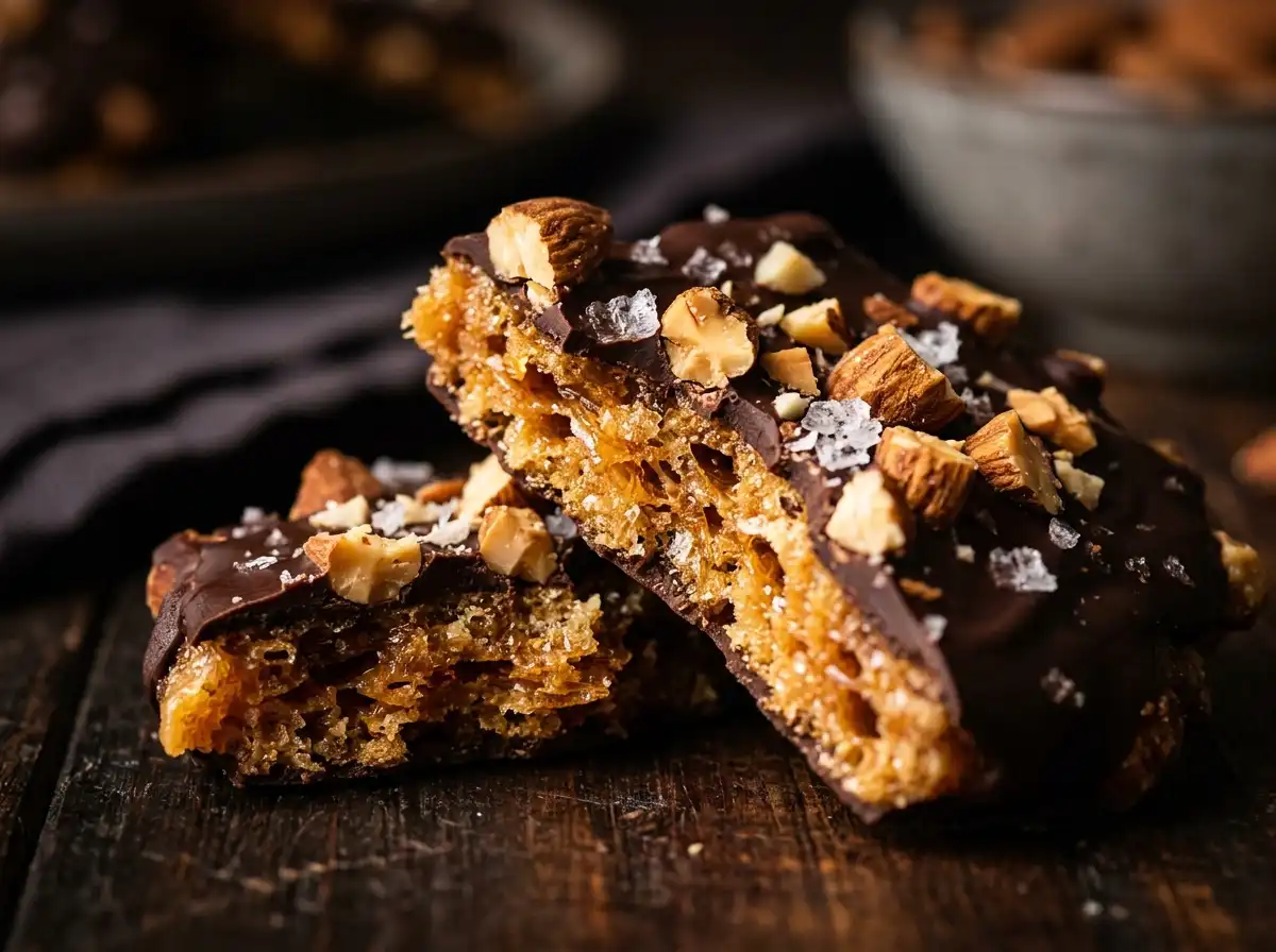 Homemade toffee piece broken in half showing crunchy golden layers with dark chocolate and sea salt on top