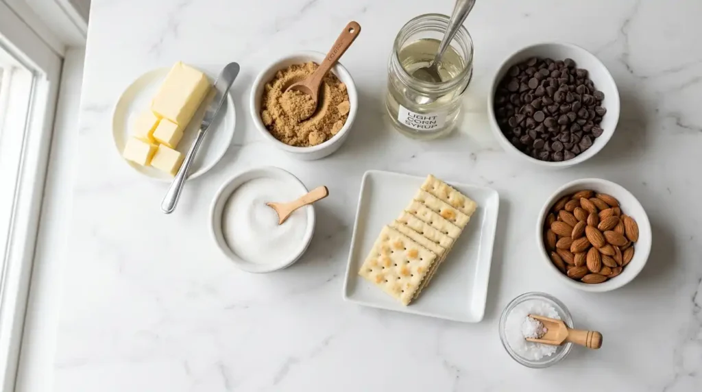 Homemade toffee recipe ingredients flat lay including butter sugar chocolate chips and saltine crackers on marble