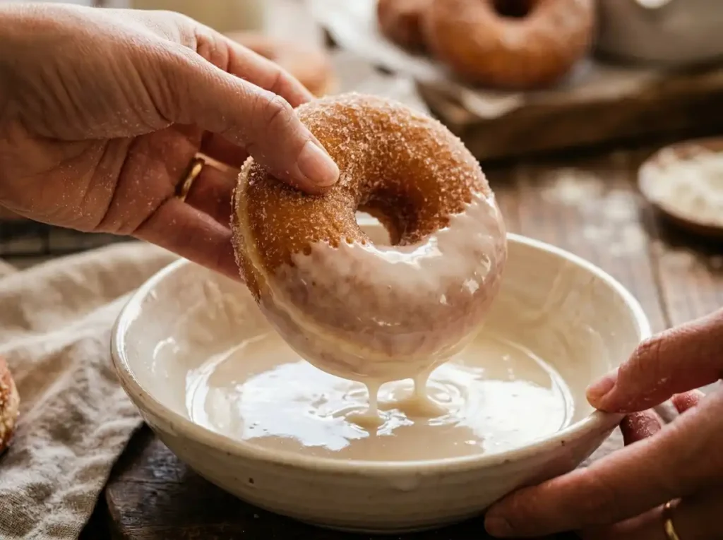 Dipping a warm old fashioned doughnut into sweet vanilla glaze