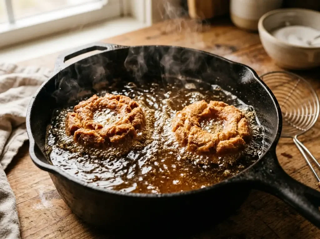 Traditional sour cream doughnuts frying in hot oil showing signature cracks