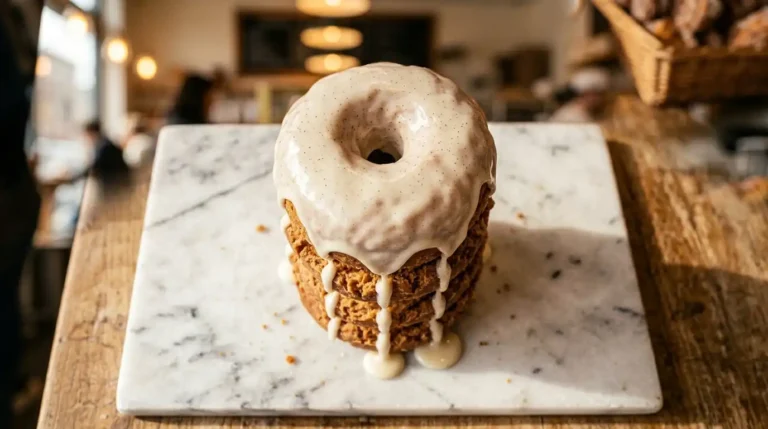 Professional old-fashioned sour cream doughnuts stack with vanilla glaze dripping