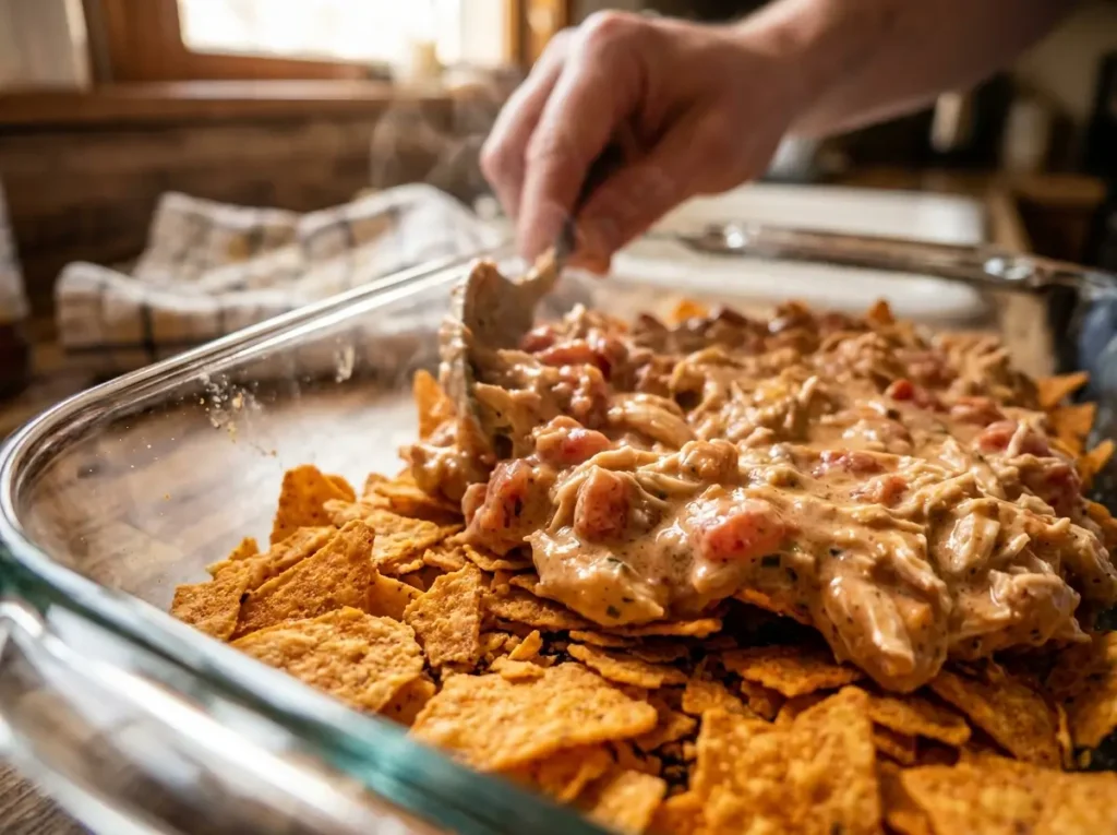 Layering crushed Doritos and chicken mixture for white trash casserole with doritos.