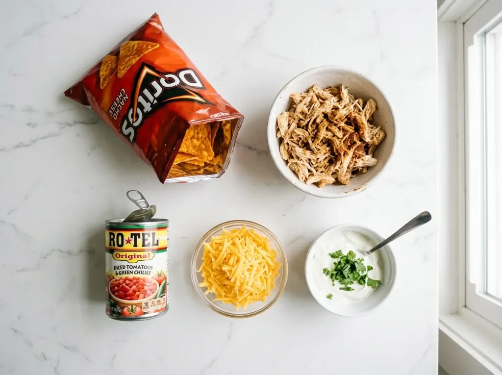 Ingredients for Mexican white trash recipe including Doritos, shredded chicken, and Rotel tomatoes.