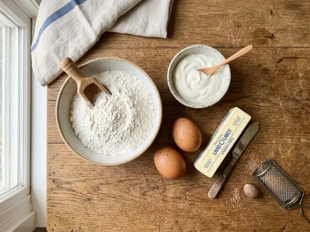 Ingredients for homemade sour cream donuts recipe including cake flour and nutmeg
