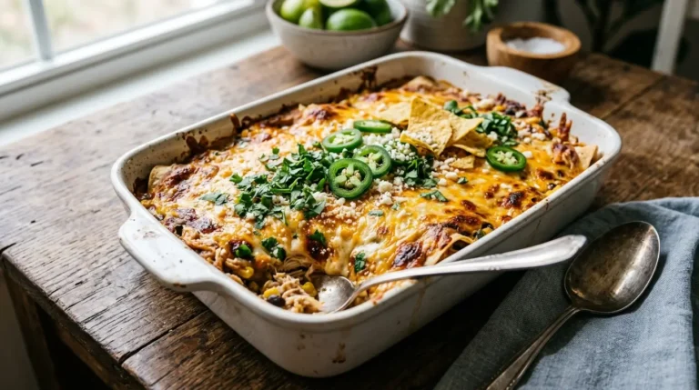 Hot and cheesy Mexican White Trash Casserole with bubbling cheese and fresh cilantro garnish.