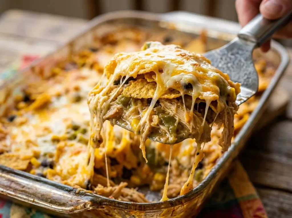 Close-up of a cheesy scoop of white trash chicken casserole showing the creamy texture.