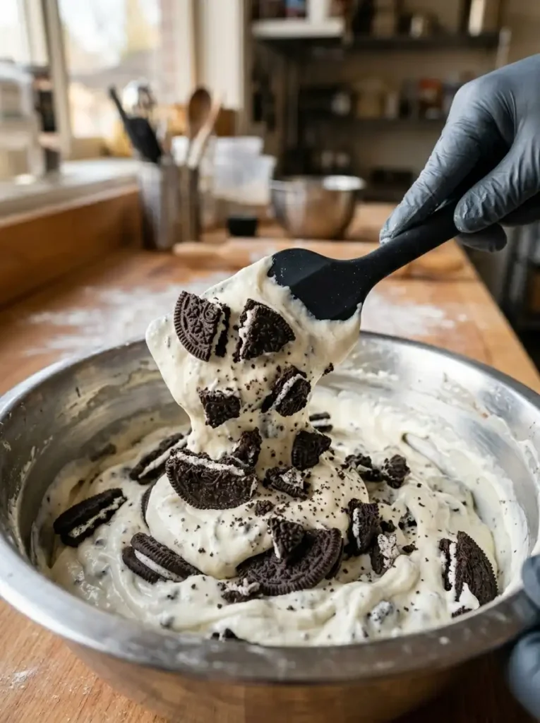 Folding chopped cookies into the creamy Oreo cheesecake recipe filling