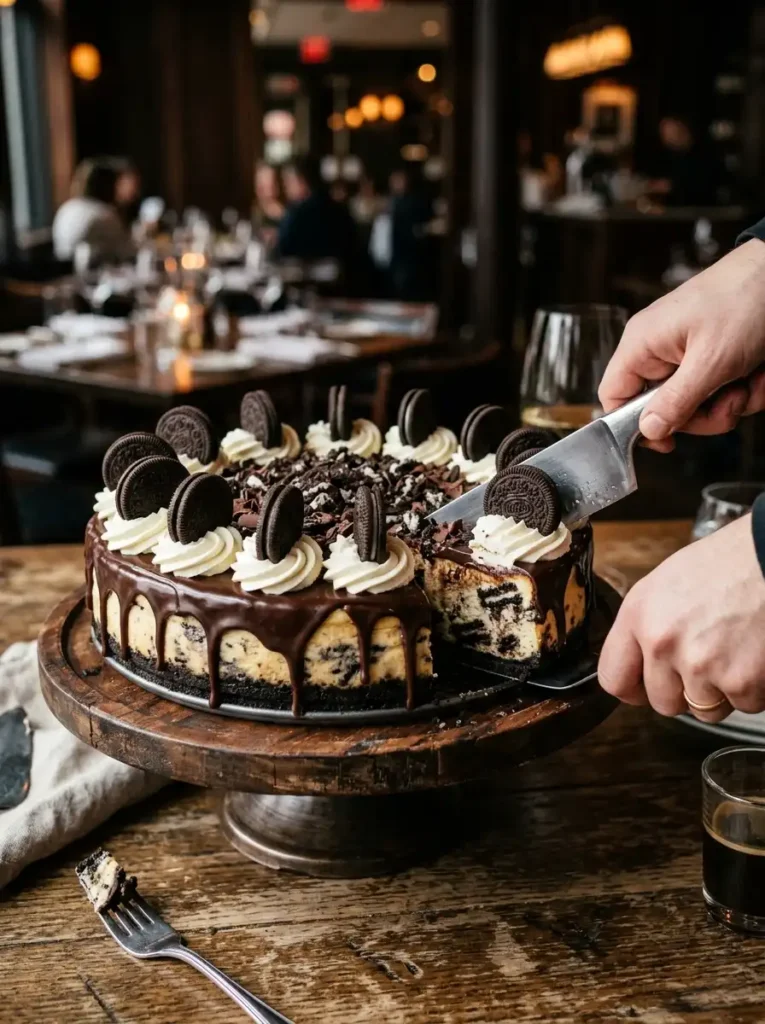 Fully decorated Oreo crust cheesecake with chocolate ganache drips