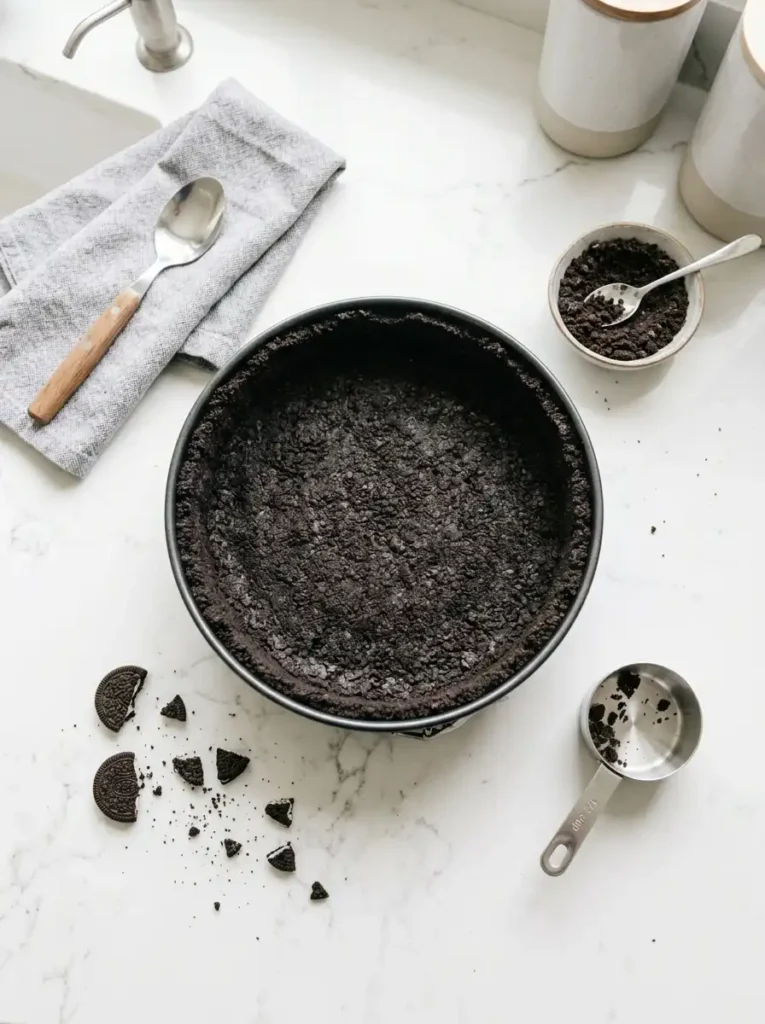 Pressing the crust for a perfect cheesecake with Oreo crust