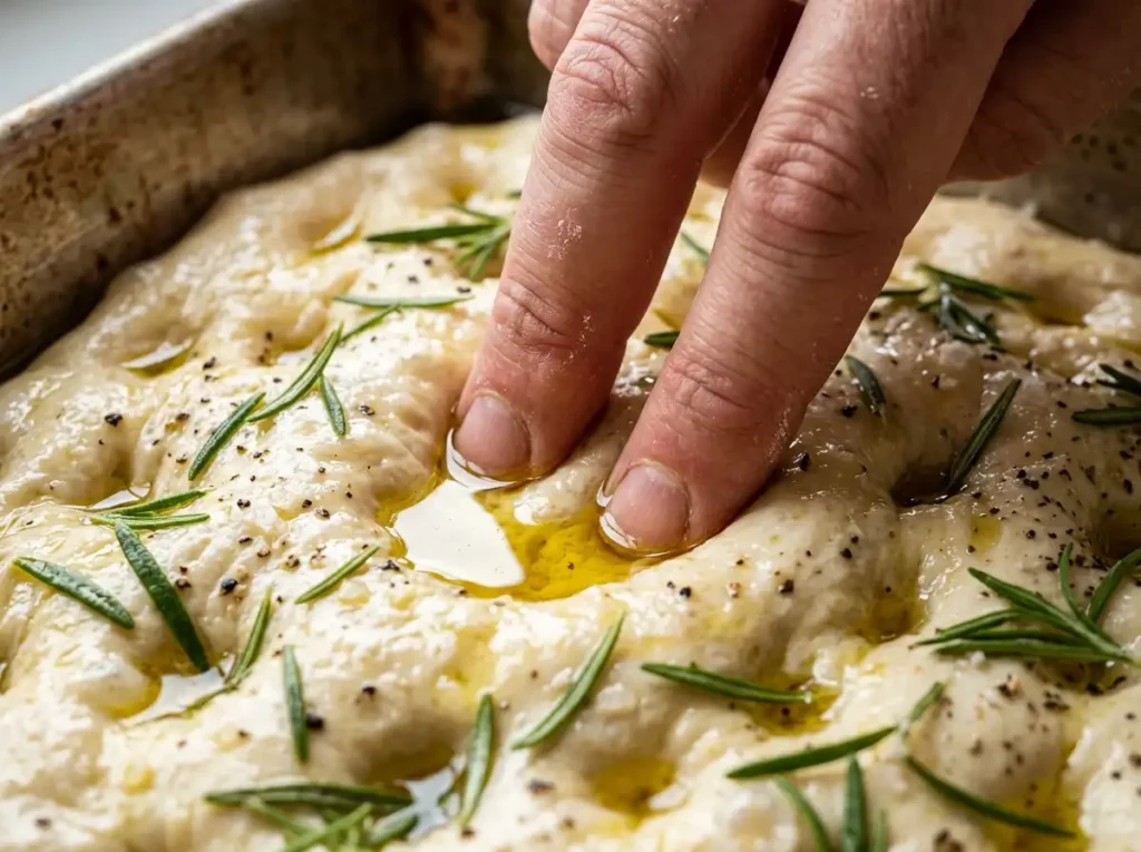 Dimpling the dough for a rosemary focaccia bread recipe.