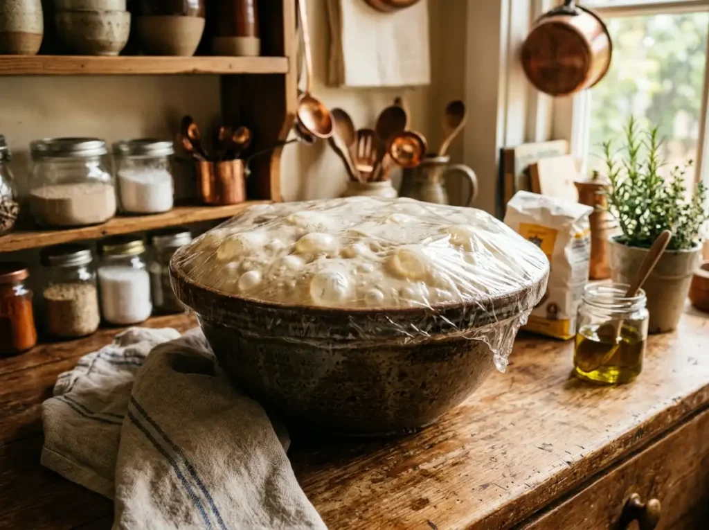 Focaccia bread dough doubled in size with visible air bubbles.