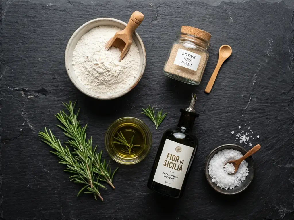 Ingredients for a basic focaccia recipe including flour, olive oil, and rosemary.