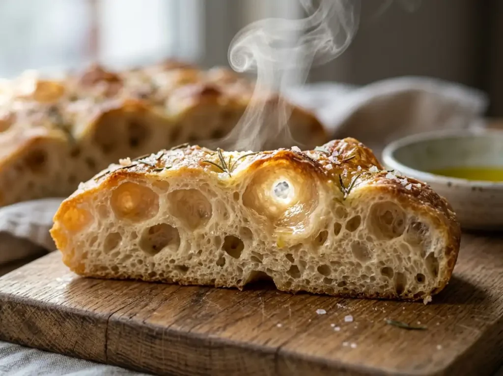 Internal airy crumb structure of a sourdough focaccia recipe.