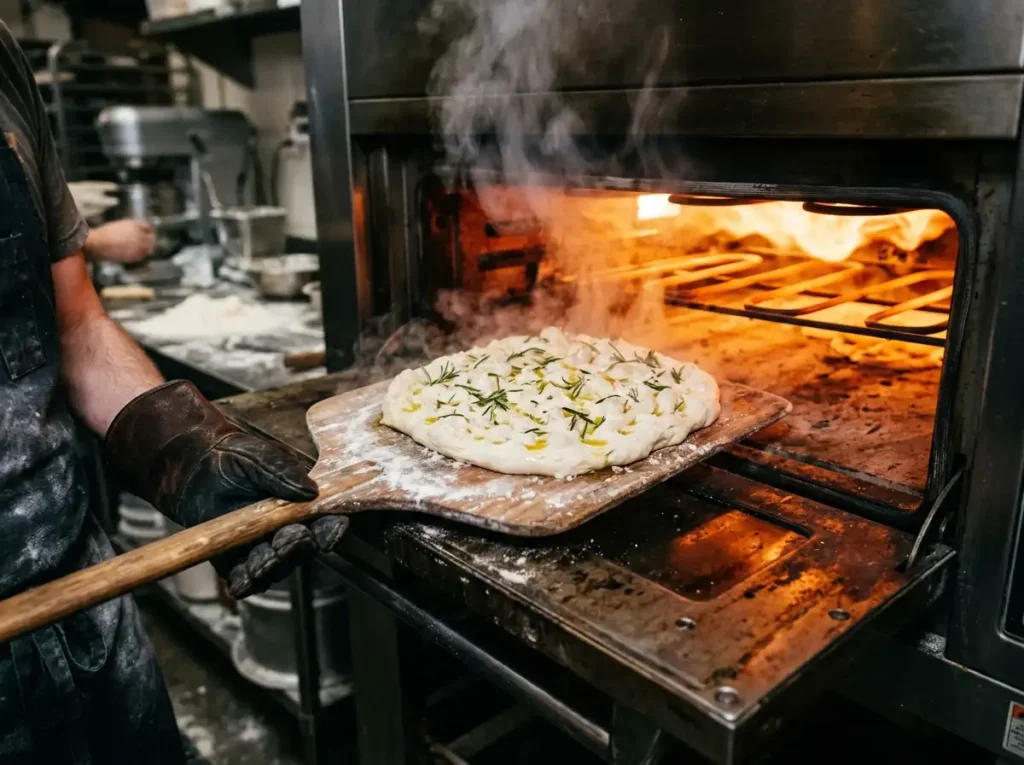 Baking the basic focaccia recipe in a high-temperature oven.