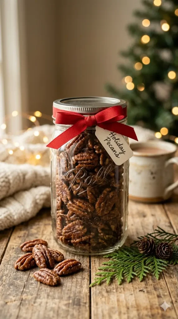 Candied pecans recipe stored in a mason jar with red ribbon as a holiday gift