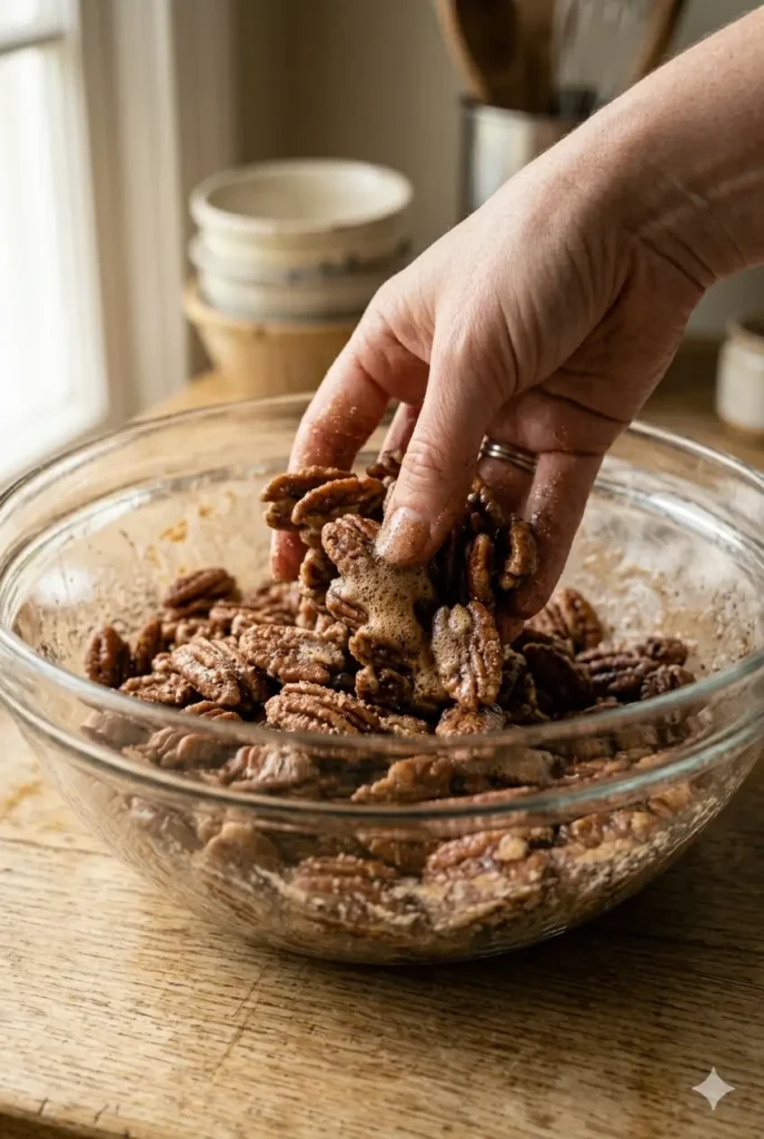 Tossing pecans in cinnamon sugar mixture in a glass bowl — candied pecans recipe step