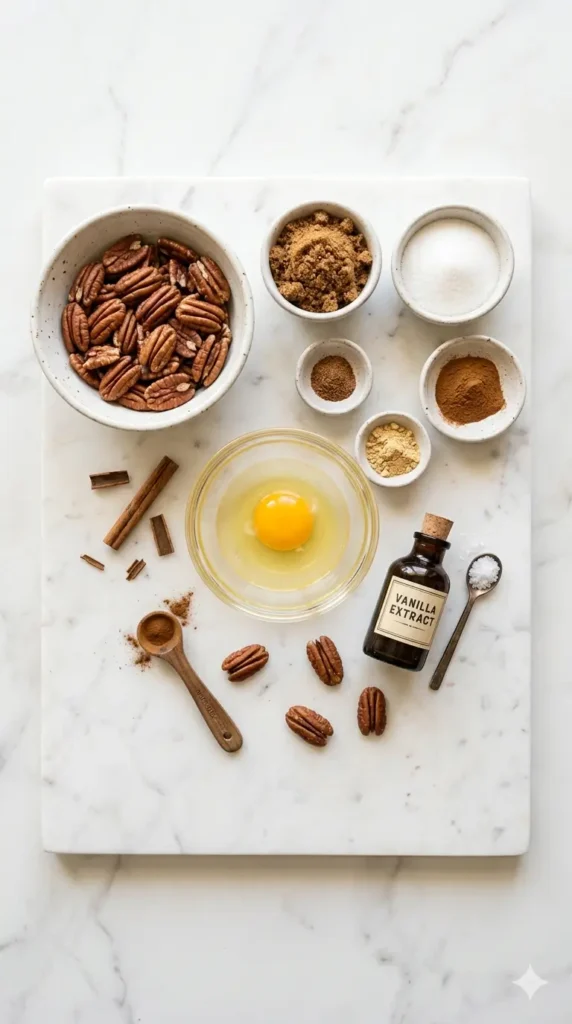 All ingredients for candied pecans recipe laid out on a marble surface