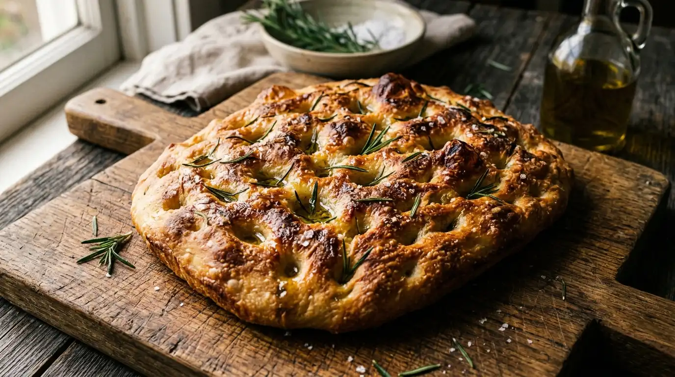 Golden crispy rosemary focaccia bread recipe with olive oil pools.
