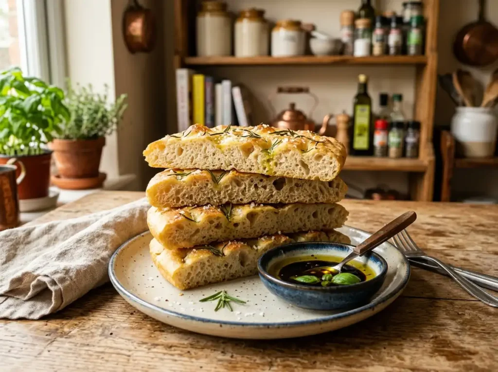 Sliced focaccia bread served as an appetizer with dipping oil.