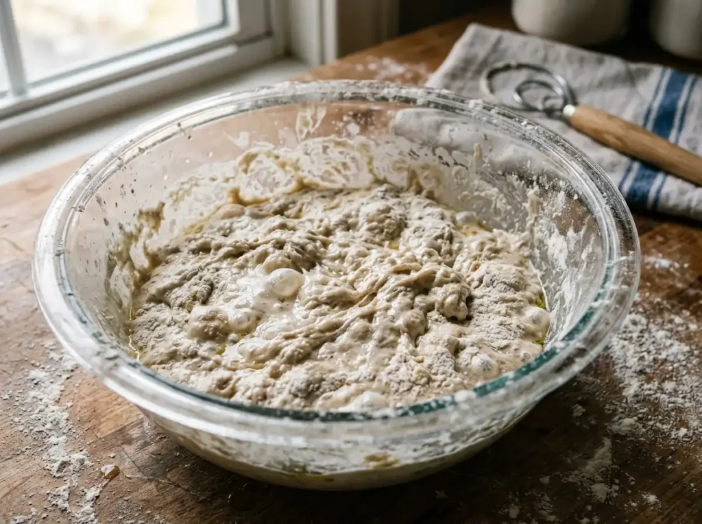 High hydration wet dough for a no-knead focaccia recipe.