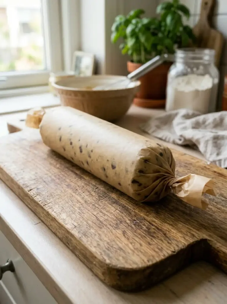 Chilled cookie dough log wrapped in parchment paper ready for slicing.