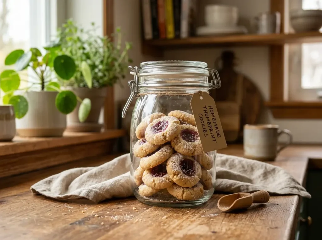 Storing homemade thumbprint cookies in an airtight glass jar to keep them fresh.