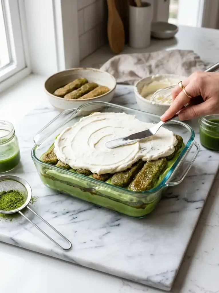 matcha tiramisu layers assembled in square dish with green cream ladyfingers and white mascarpone