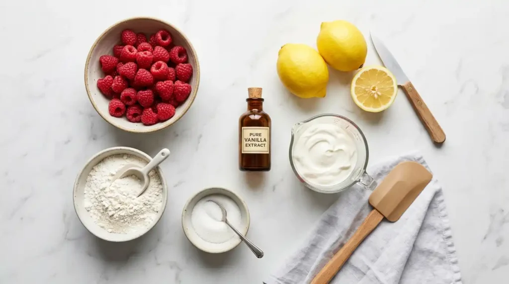 Ingredients for making a homemade lemon raspberry cake recipe