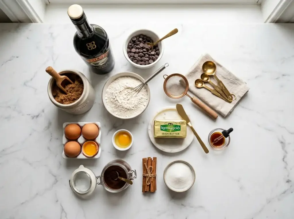 Baileys Irish Cream chocolate chip cookies ingredients flat lay on marble surface