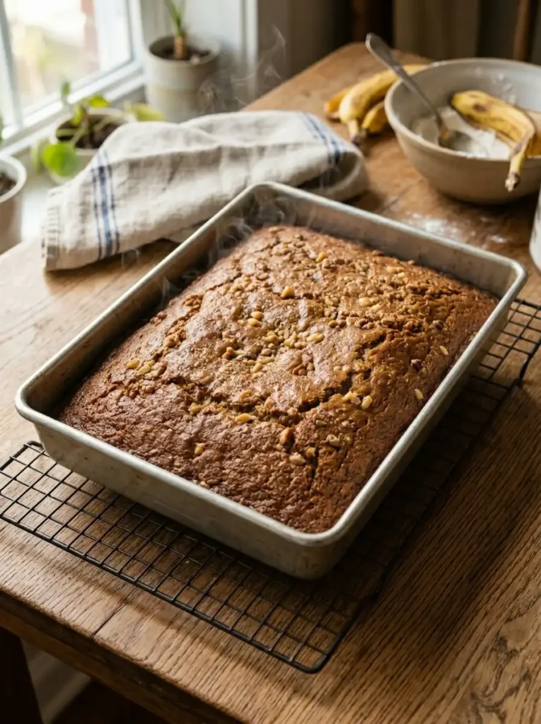 Freshly baked golden brown banana cake in a 9x13 pan cooling on a rack.