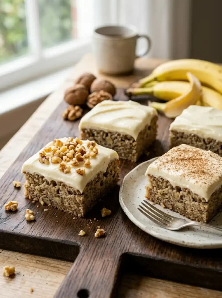 Slices of banana cake topped with toasted walnuts and cinnamon on a wooden board.