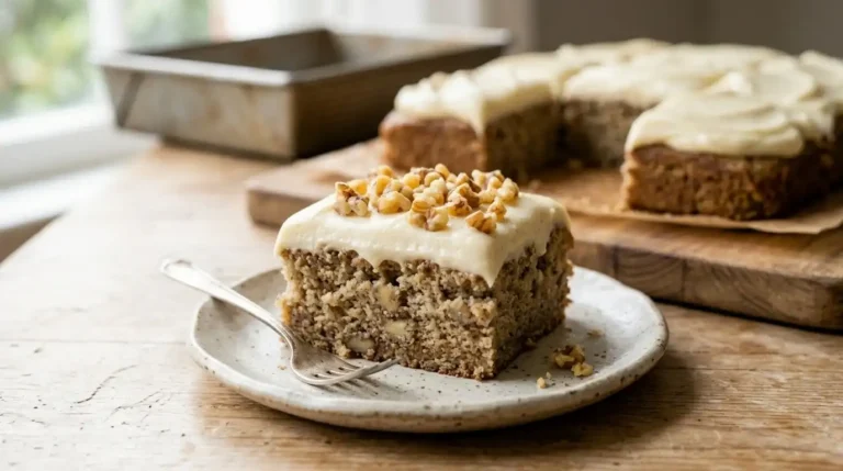 A slice of moist banana cake with cream cheese frosting on a plate, featured image.